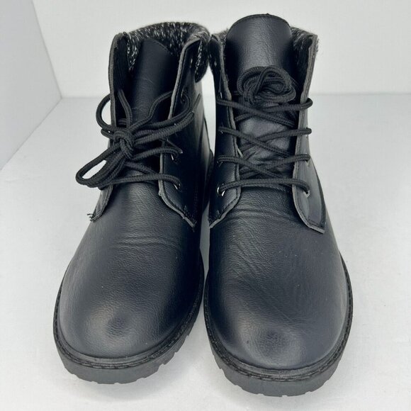 Womens 430001128173 Black Leather Boots Lace Up Mid Top Round Toe Block Size 10 - Picture 3 of 9